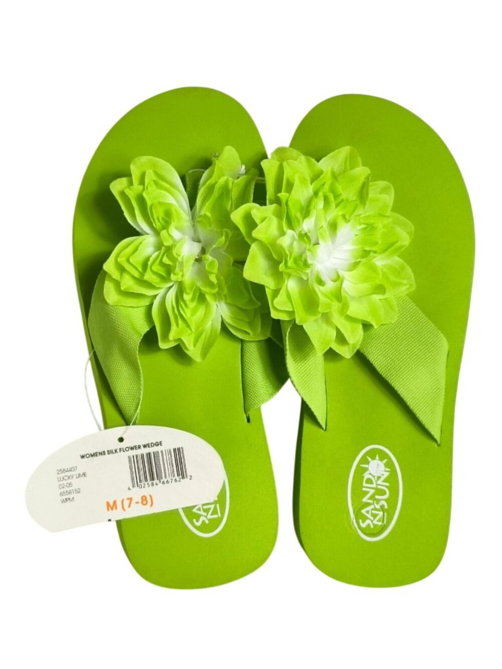 Sand N Sun Womens M 7-8 Flip Flops Green Flower Wedge Summer Thong Sandals NEW